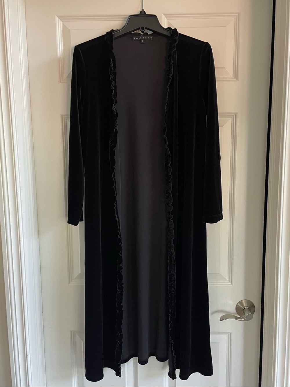 Long Black Velvet Ruffle Trim Duster Jacket